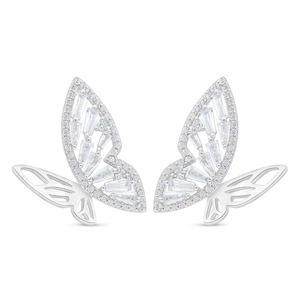 Sterling Silver 925 Earring Rhodium Plated Embedded With White Zircon