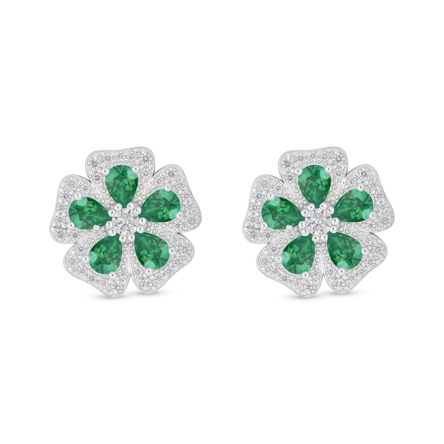 Sterling Silver 925 Earring Rhodium Plated Embedded With Emerald Zircon And White Zircon