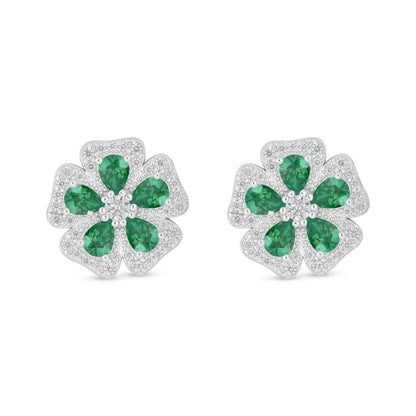 Sterling Silver 925 Earring Rhodium Plated Embedded With Emerald Zircon And White Zircon