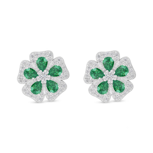 Sterling Silver 925 Earring Rhodium Plated Embedded With Emerald Zircon And White Zircon