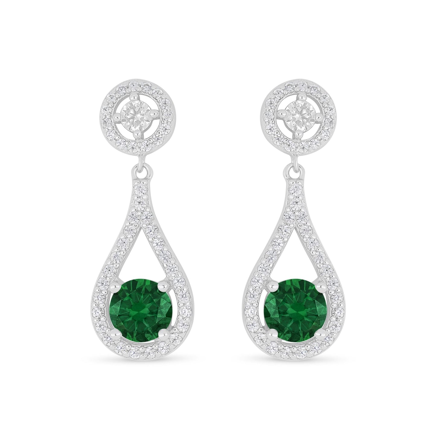 Sterling Silver 925 Earring Rhodium Plated Embedded With Emerald Zircon And White Zircon