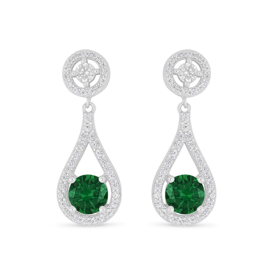 Sterling Silver 925 Earring Rhodium Plated Embedded With Emerald Zircon And White Zircon