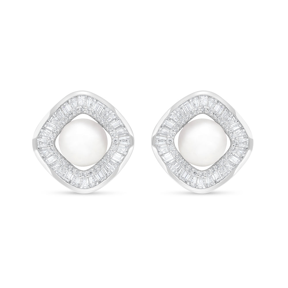 Sterling Silver 925 Earring Rhodium Plated Embedded With Natural White Pearl And White Zircon