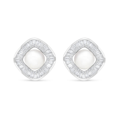 Sterling Silver 925 Earring Rhodium Plated Embedded With Natural White Pearl And White Zircon