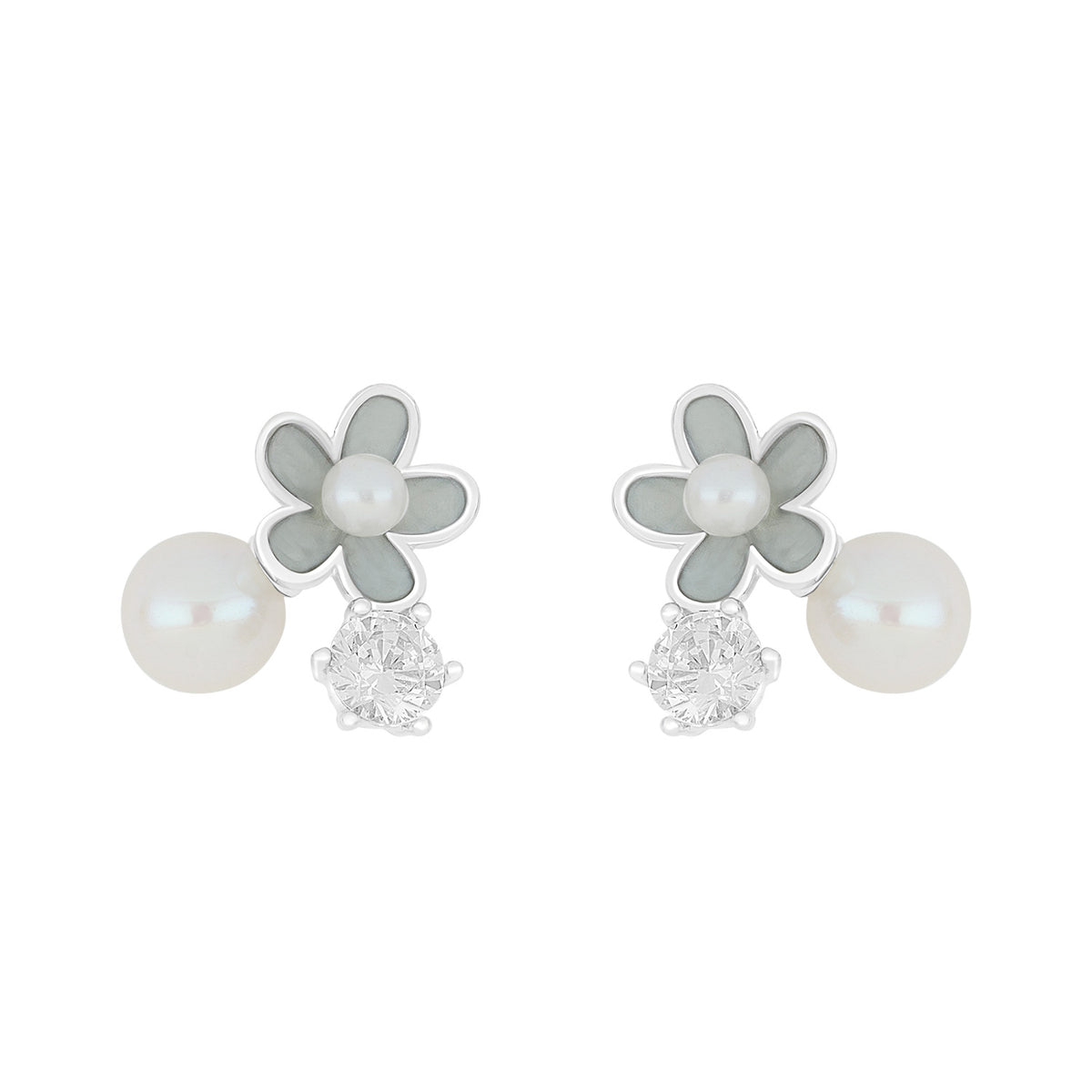 Sterling Silver 925 Earring Rhodium Plated Embedded With Natural White Pearl And White Zircon