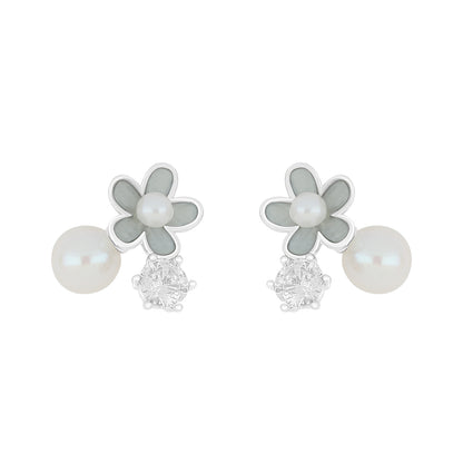 Sterling Silver 925 Earring Rhodium Plated Embedded With Natural White Pearl And White Zircon