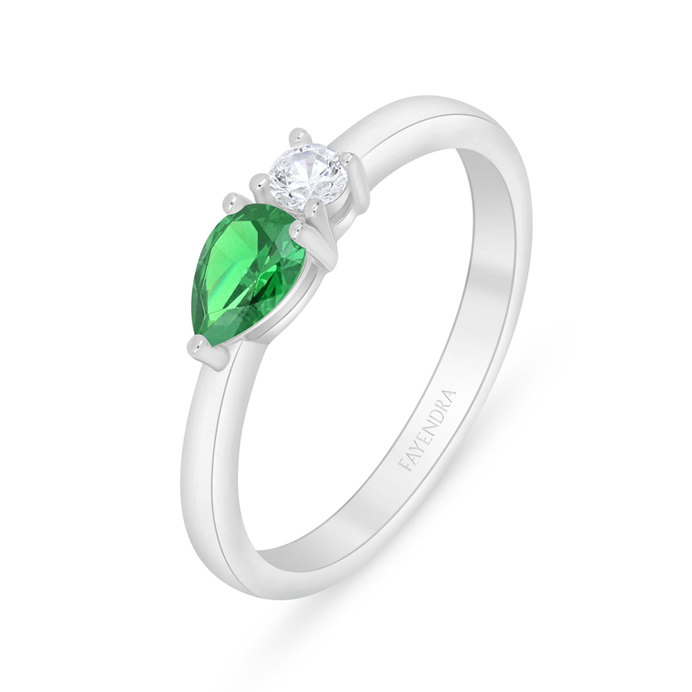 Sterling Silver 925 Ring Rhodium Plated Embedded With Emerald Zircon And White Zircon