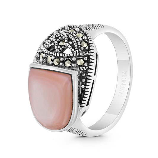 Sterling Silver 925 Ring Embedded With Natural Pink Shell And Marcasite Stones