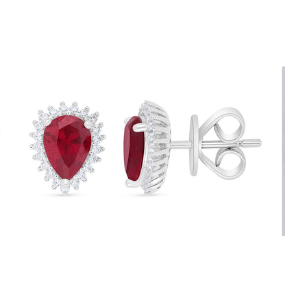 Sterling Silver 925 Earring Rhodium Plated Embedded With Ruby Corundum And White Zircon