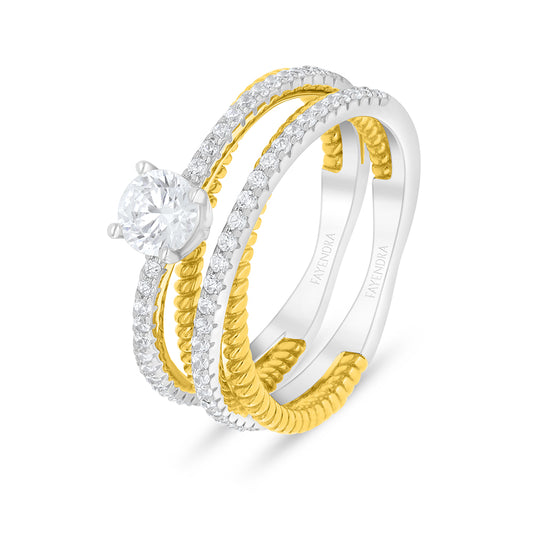 Sterling Silver 925 Ring Rhodium And Golden Plated Embedded With White Zircon