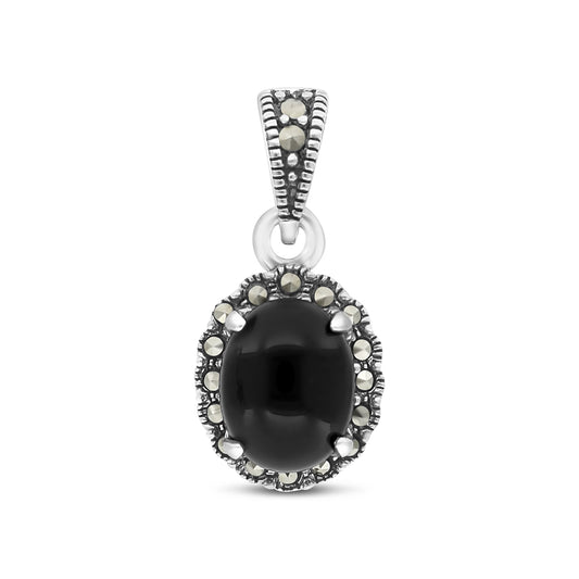 Sterling Silver 925 Pendant Embedded With Natural Black Agate And Marcasite Stones