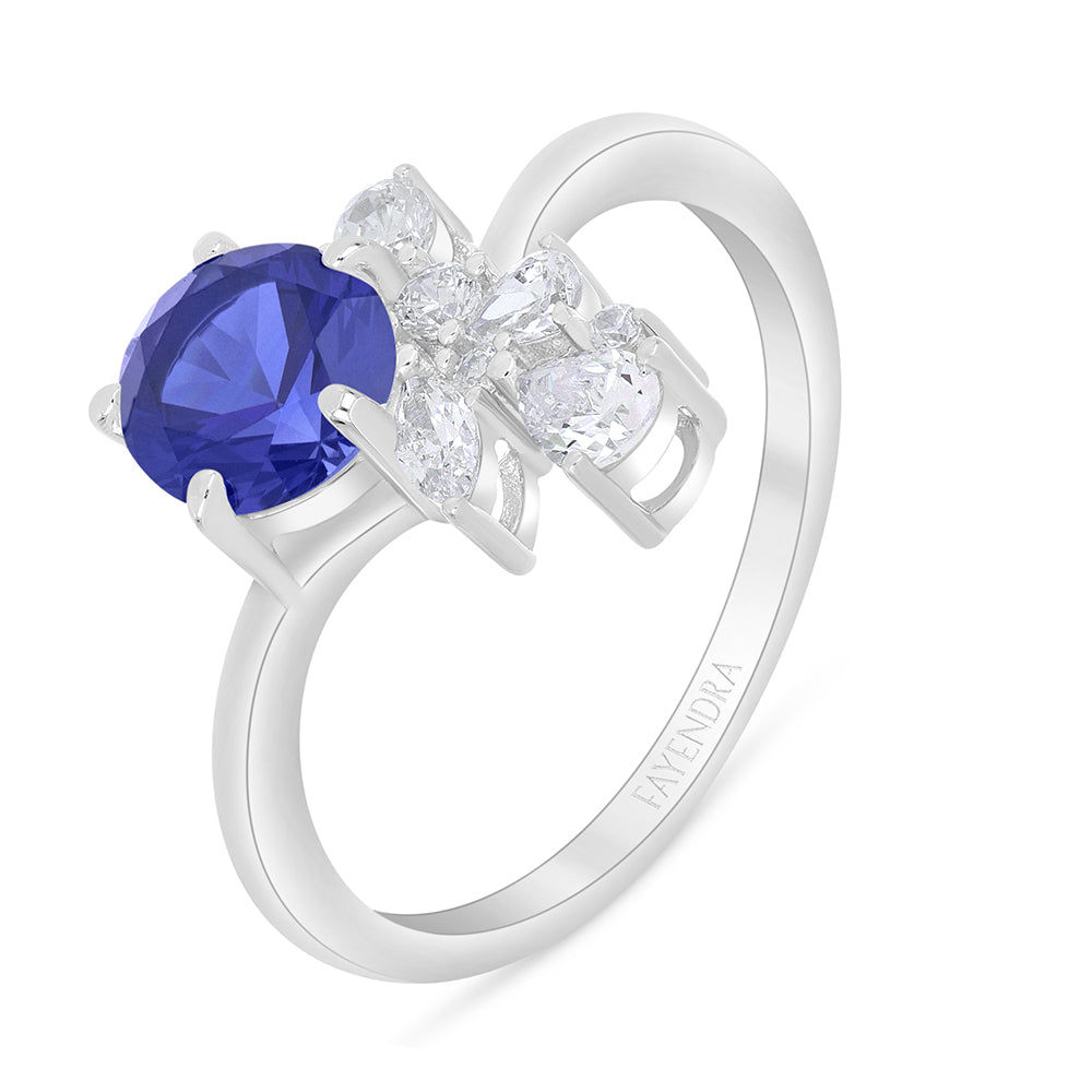 Sterling Silver 925 Ring Rhodium Plated Embedded With Sapphire Corundum And White Zircon