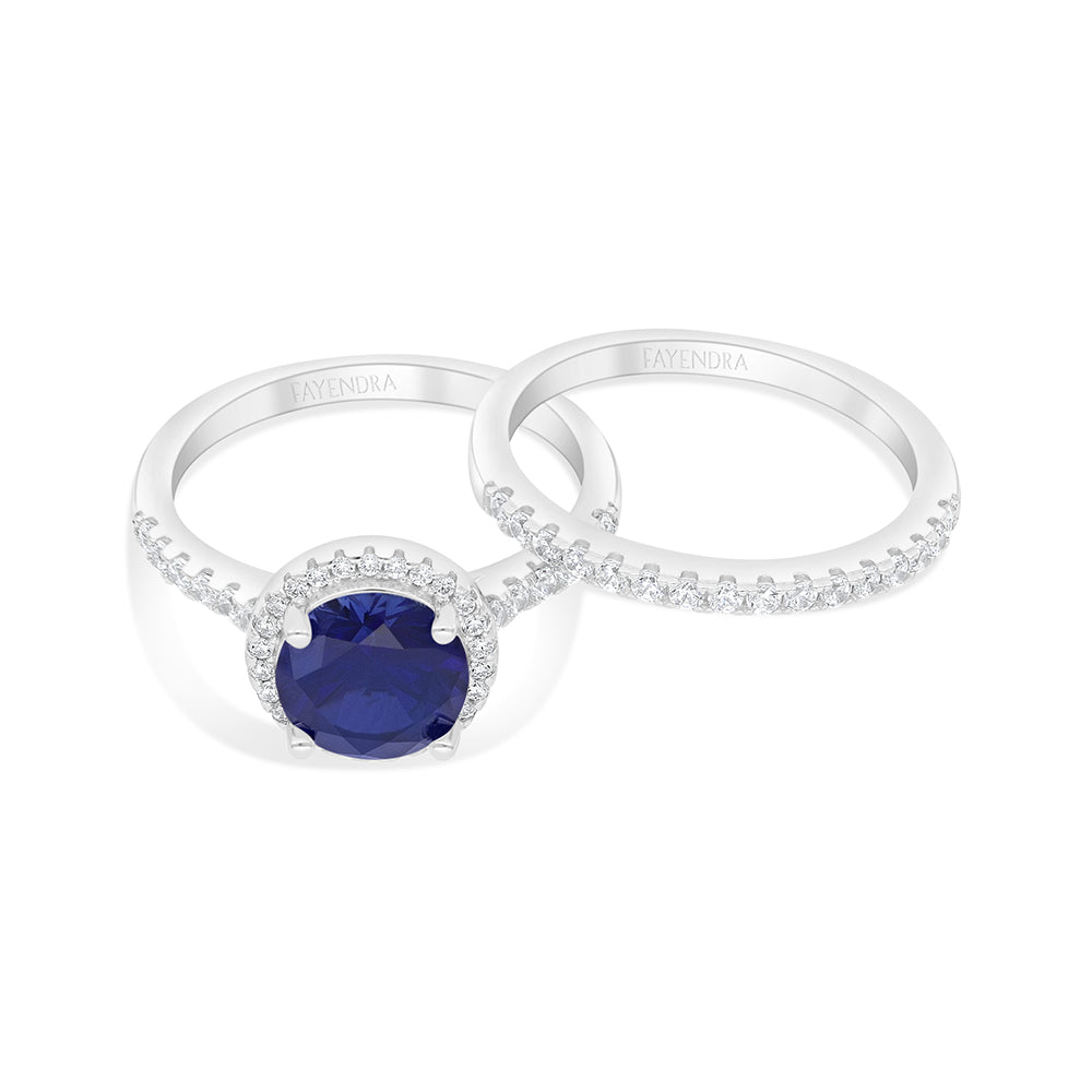 Sterling Silver 925 Ring (Twins) Rhodium Plated Embedded With Sapphire CorundumAnd White Zircon