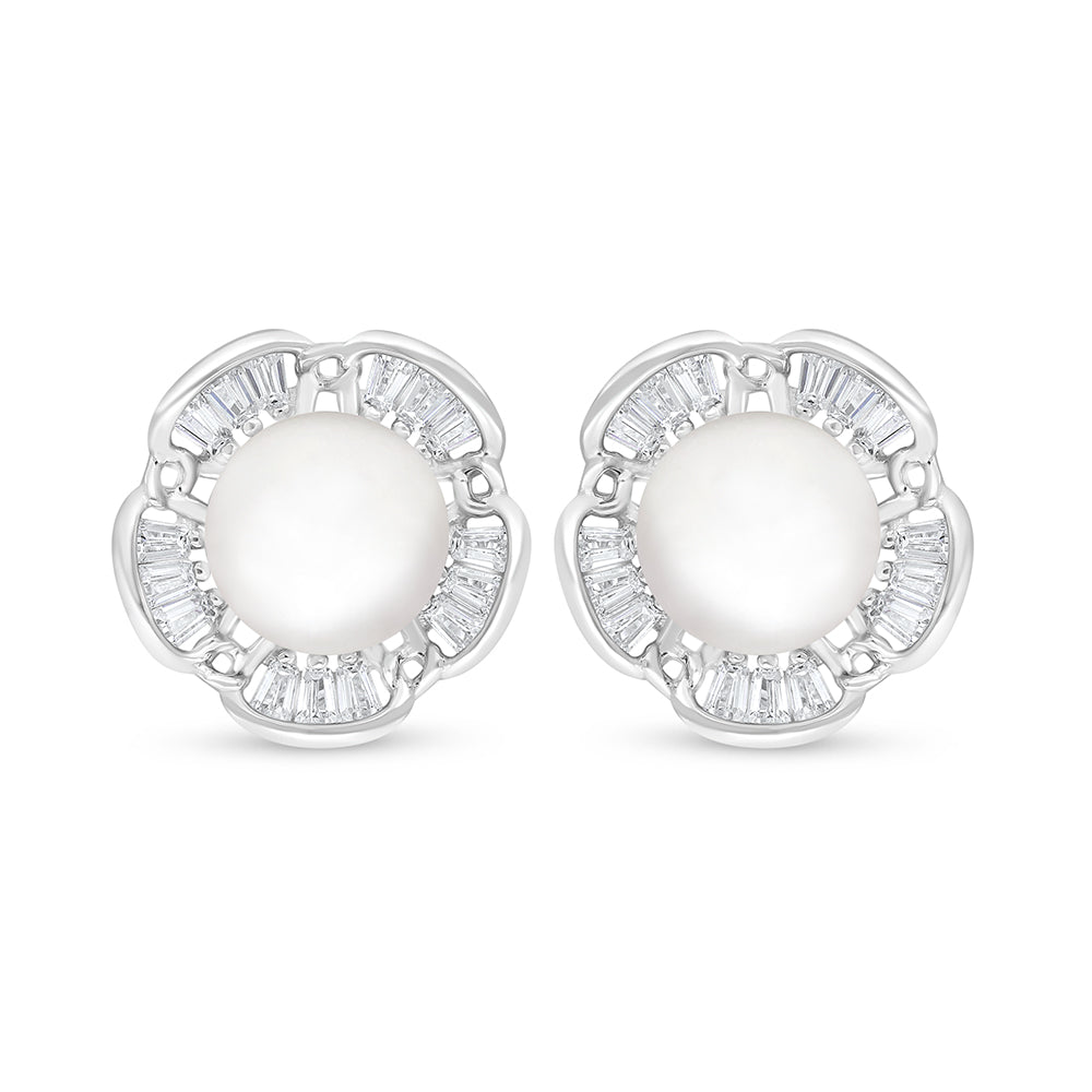 Sterling Silver 925 Earring Rhodium Plated Embedded With Natural White Pearl And White Zircon