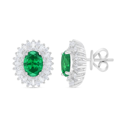 Sterling Silver 925 Earring Rhodium Plated Embedded With Emerald Zircon And White Zircon