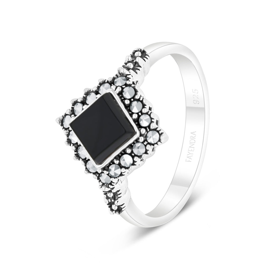 Sterling Silver 925 Ring Embedded With Natural Black Agate And Marcasite Stones