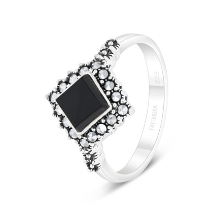 Sterling Silver 925 Ring Embedded With Natural Black Agate And Marcasite Stones