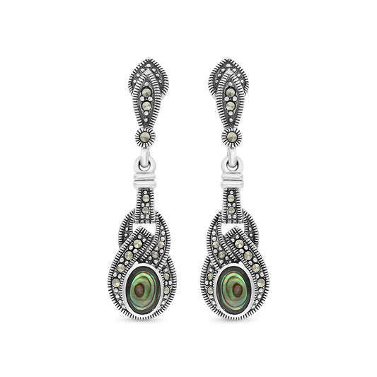 Sterling Silver 925 Earring Embedded With Natural Blue Shell And Marcasite Stones