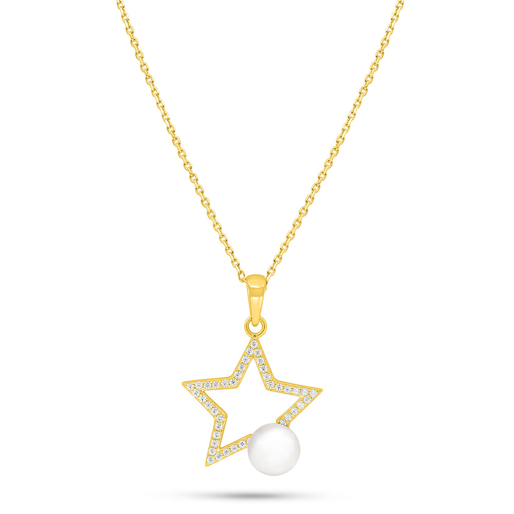 عقد من الفضة الخالصة عيار 925 مطلي ذهبي مرصع لولو ابيض طبيعي و فص ابيض