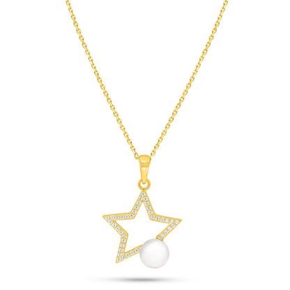 عقد من الفضة الخالصة عيار 925 مطلي ذهبي مرصع لولو ابيض طبيعي و فص ابيض