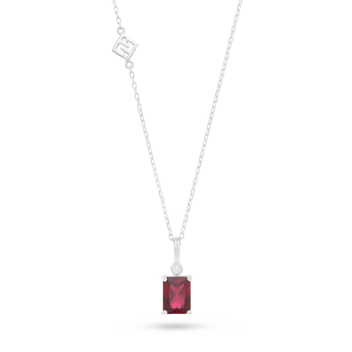 Sterling Silver 925 Necklace Rhodium Plated Embedded With Ruby Corundum And White Zircon