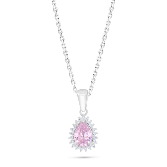 Sterling Silver 925 Necklace Rhodium Plated Embedded With Pink Zircon And White Zircon