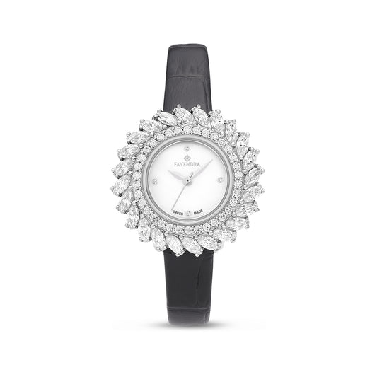 Stainless Steel 316 Watch Silver Color Black Leather Embedded With White Zircon - White MOP DIAL