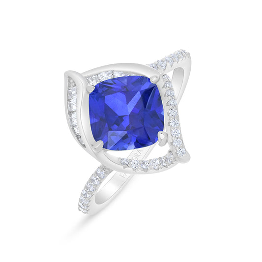 Sterling Silver 925 Ring Rhodium Plated Embedded With Sapphire Corundum And White Zircon