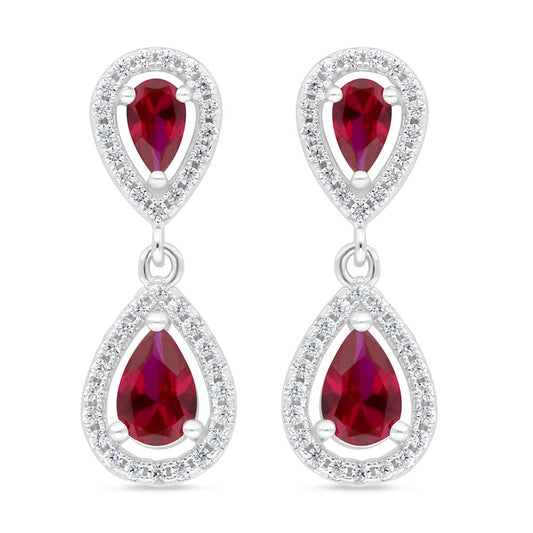 Sterling Silver 925 Earring Rhodium Plated Embedded With Ruby Corundum And White Zircon