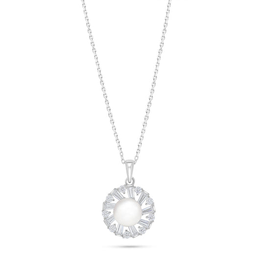 Sterling Silver 925 Necklace Rhodium Plated Embedded With Natural White Pearl And White Zircon