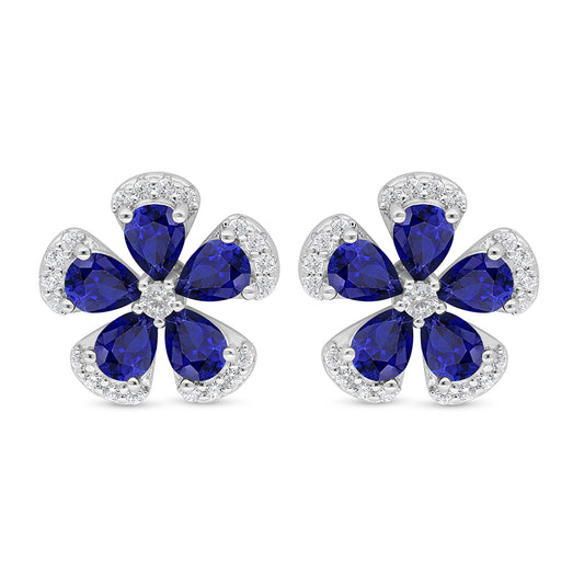 Sterling Silver 925 Earring Rhodium Plated Embedded With Sapphire Corundum And White Zircon