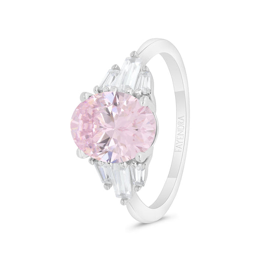 Sterling Silver 925 Ring Rhodium Plated Embedded With Pink Zircon And White Zircon