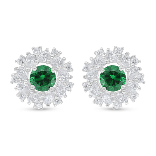 Sterling Silver 925 Earring Rhodium Plated Embedded With Emerald Zircon And White Zircon