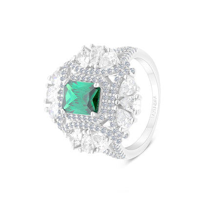 Sterling Silver 925 Ring Rhodium Plated Embedded With Emerald Zircon And White CZ
