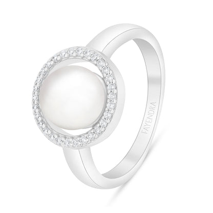 Sterling Silver 925 Ring Rhodium Plated Embedded With Natural White Pearl And White Zircon