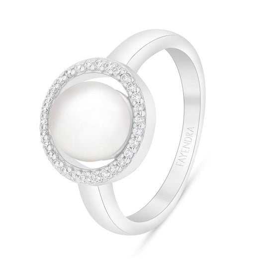 Sterling Silver 925 Ring Rhodium Plated Embedded With Natural White Pearl And White Zircon