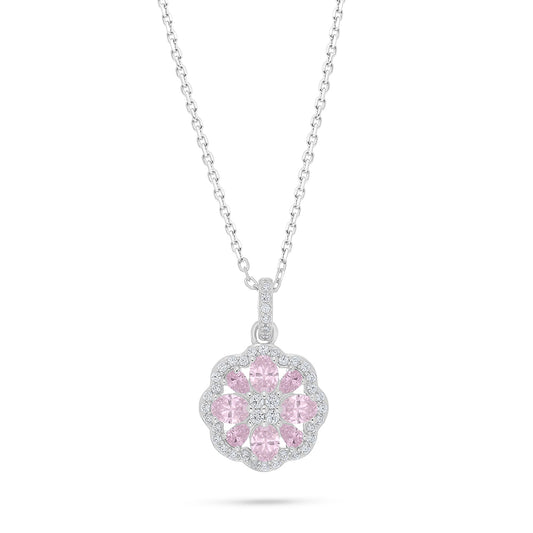 Sterling Silver 925 Necklace Rhodium Plated Embedded With pink Zircon And White Zircon
