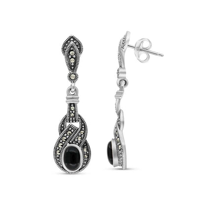 Sterling Silver 925 Earring Embedded With Natural Black Agate And Marcasite Stones