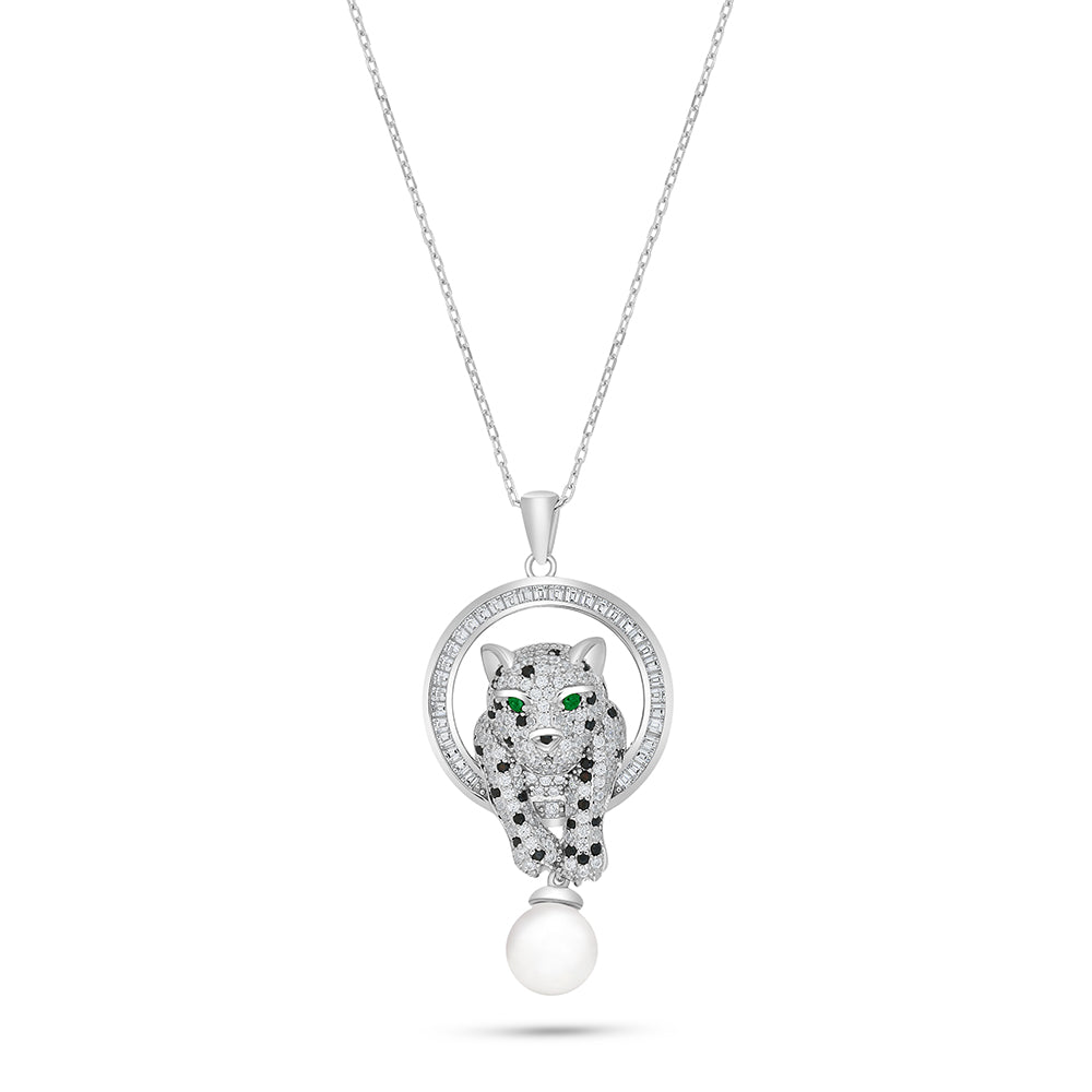 Sterling Silver 925 Necklace Rhodium Plated Embedded With Natural White Pearl And Emerald Zircon And White Zircon