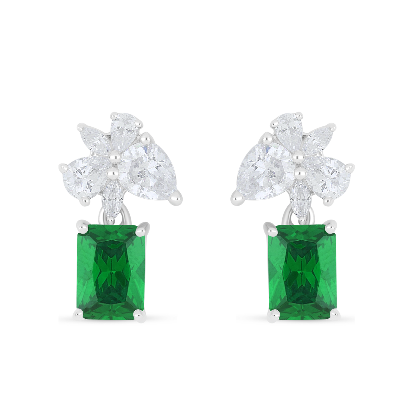 Sterling Silver 925 Earring Rhodium Plated Embedded With Emerald Zircon And White Zircon