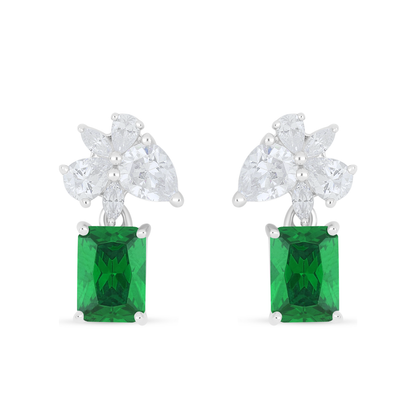 Sterling Silver 925 Earring Rhodium Plated Embedded With Emerald Zircon And White Zircon