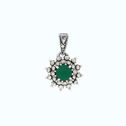 Sterling Silver 925 Pendant Embedded With Natural Green Agate And Marcasite Stones