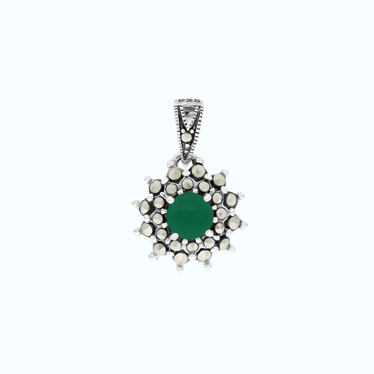 Sterling Silver 925 Pendant Embedded With Natural Green Agate And Marcasite Stones
