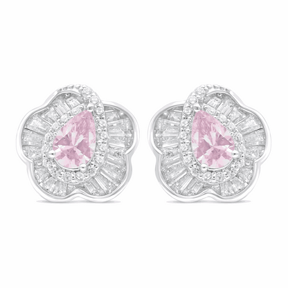 Sterling Silver 925 Earring Rhodium Plated Embedded With Pink Zircon And White Zircon