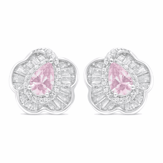 Sterling Silver 925 Earring Rhodium Plated Embedded With Pink Zircon And White Zircon