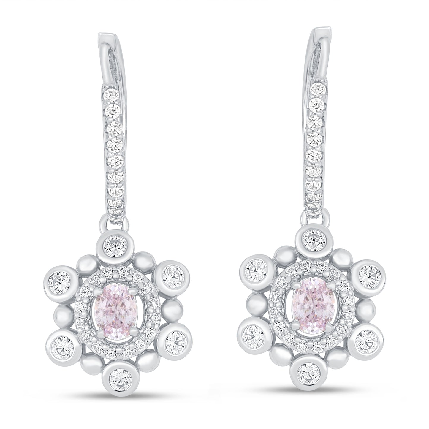 Sterling Silver 925 Earring Rhodium Plated Embedded With Pink Zircon And White Zircon