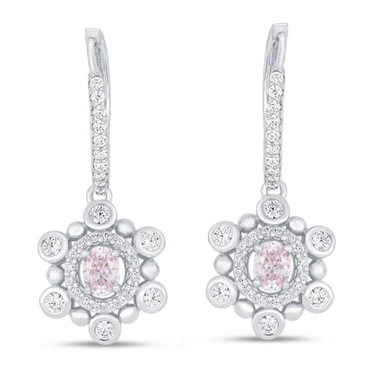 Sterling Silver 925 Earring Rhodium Plated Embedded With Pink Zircon And White Zircon