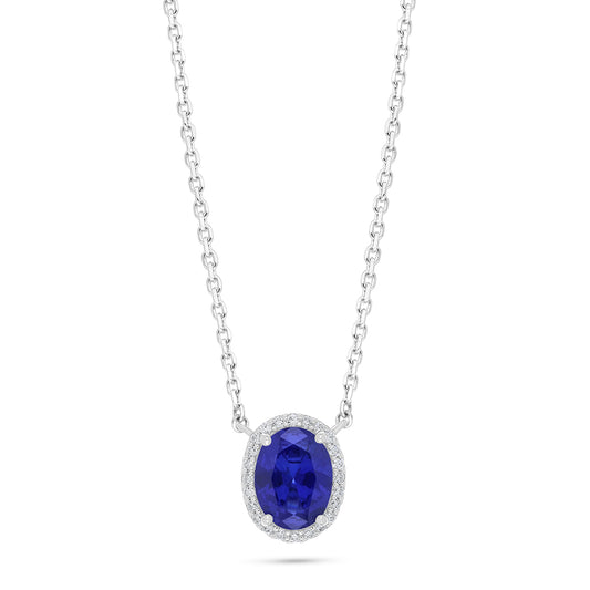 Sterling Silver 925 Necklace Rhodium Plated Embedded With Sapphire Corundum And White Zircon