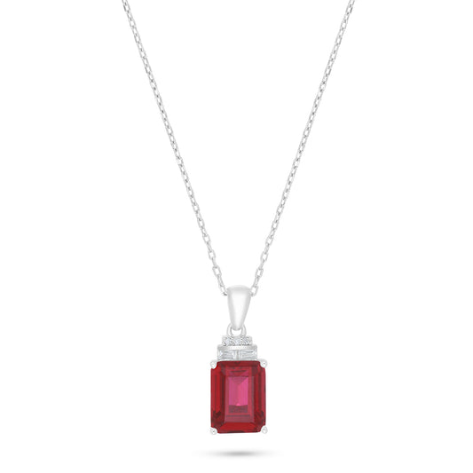 Sterling Silver 925 Necklace Rhodium Plated Embedded With Ruby Corundum And White Zircon