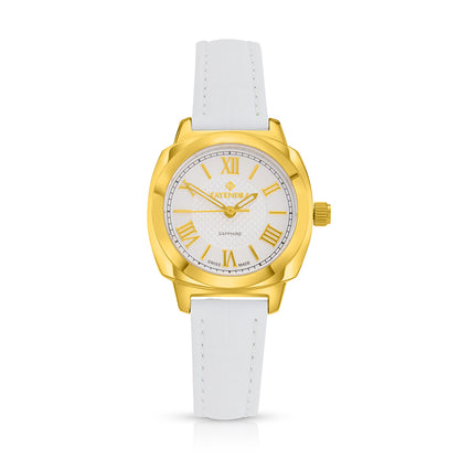 Stainless Steel 316L Watch Golden Color White Leather  - WHITE METAL DIAL